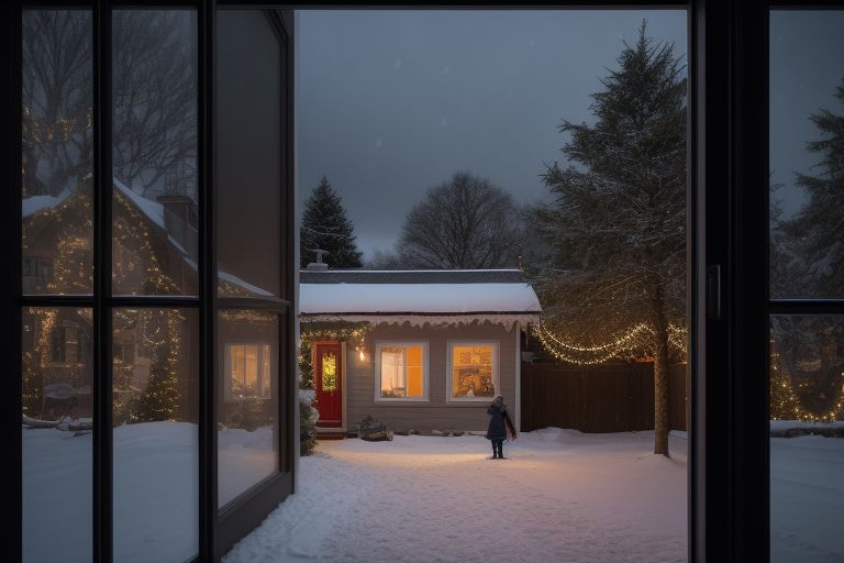 In einer kalten Winternacht, in der es sanft schneit, blicke ich von draußen, wo es stockdunkel ist, durch ein Fenster in eine warme, gemütliche Wohnung einer Familie. Dort steht ein Weihnachtsbaum, es ist weihnachtlich geschmückt, es gibt eine Lichterkette und Kerzen. Drinnen ist es warm und kuschelig; draußen ist es kalt und winterlich.