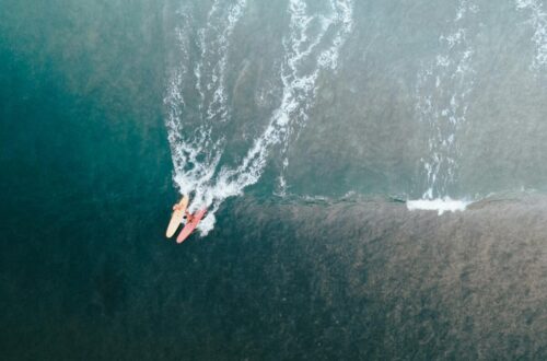 aerial shot of surfers on the sea