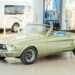 a vintage convertible car parked on the gasoline station